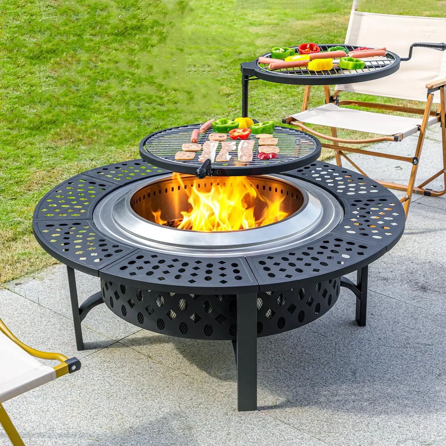 Wood Burning Fire Pit for Outside,Heavy Duty Firepit,BBQ& Outdoor Firepit & Round Tabletop 4 in 1[No Waterproof Cover