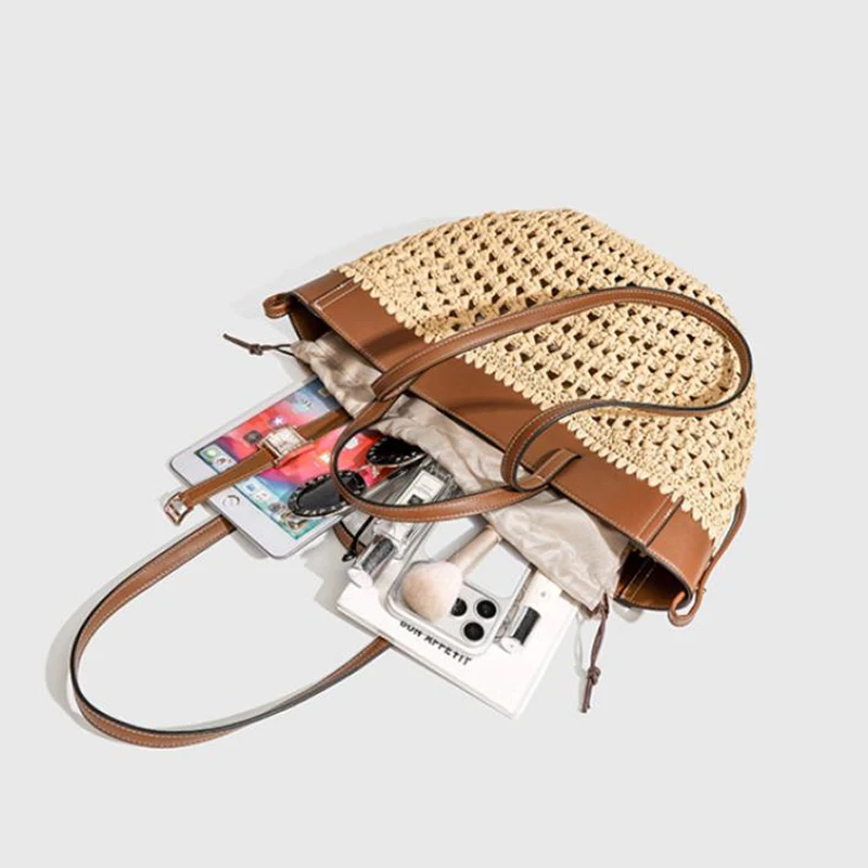 Brand Luxury Hand Woven Pu Handle Tote Bag With Drawstring Inner Pocket Large Capacity Shoulder Bag French Vegetable Basket Bag