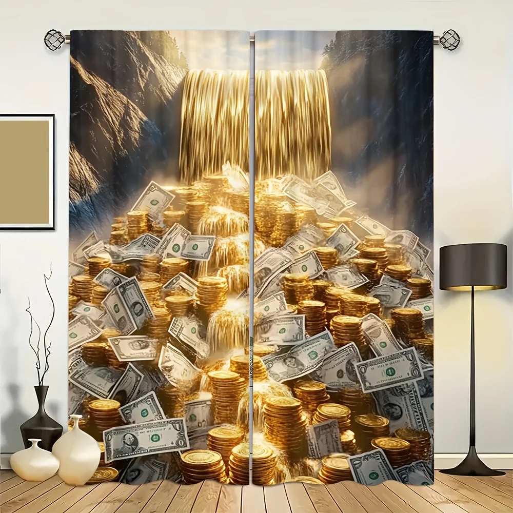 Gold coins falling down Pattern Print Drapes Room Darkening Window Curtains for Home Decor,Rod Pocket Blackout Curtains Bedroom