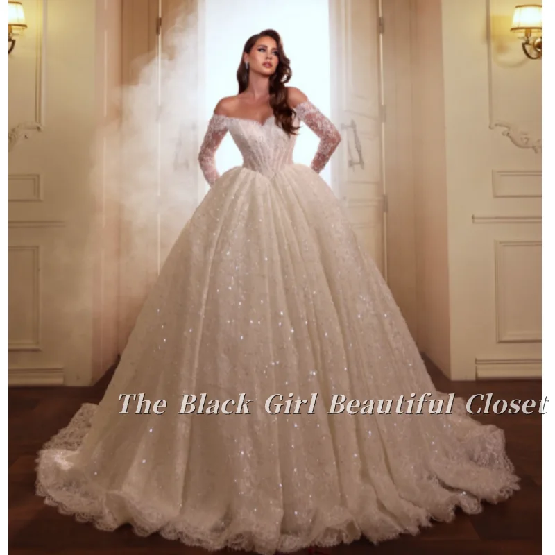 

White Sequin Lace Middle East Bridal Dress Off Shoulder Lace Long Sleeve Luxury Pleated Customized Arabic Style Wedding Dresses