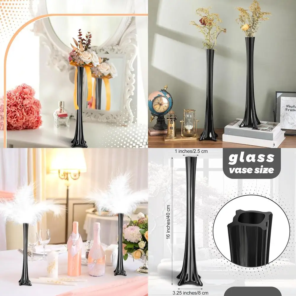 

16 Inch Tall Glass Eiffel Tower Vases for Weddings, Home Decor, and Formal Events (Black)