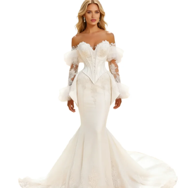 Romantic White Mermaid Beach Wedding Dresses Destination Boho Long Sleeve Lace Civil Bridal Dress 2026 Opulent Ceremony Mariage