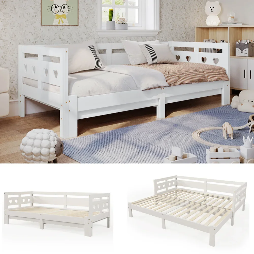 Afbeelding 5: Daybed uittrekbaar bed 90*200 cm massief grenen met 2e slaapruimte en uitrolbaar lattenbodem hartvormig bed wit