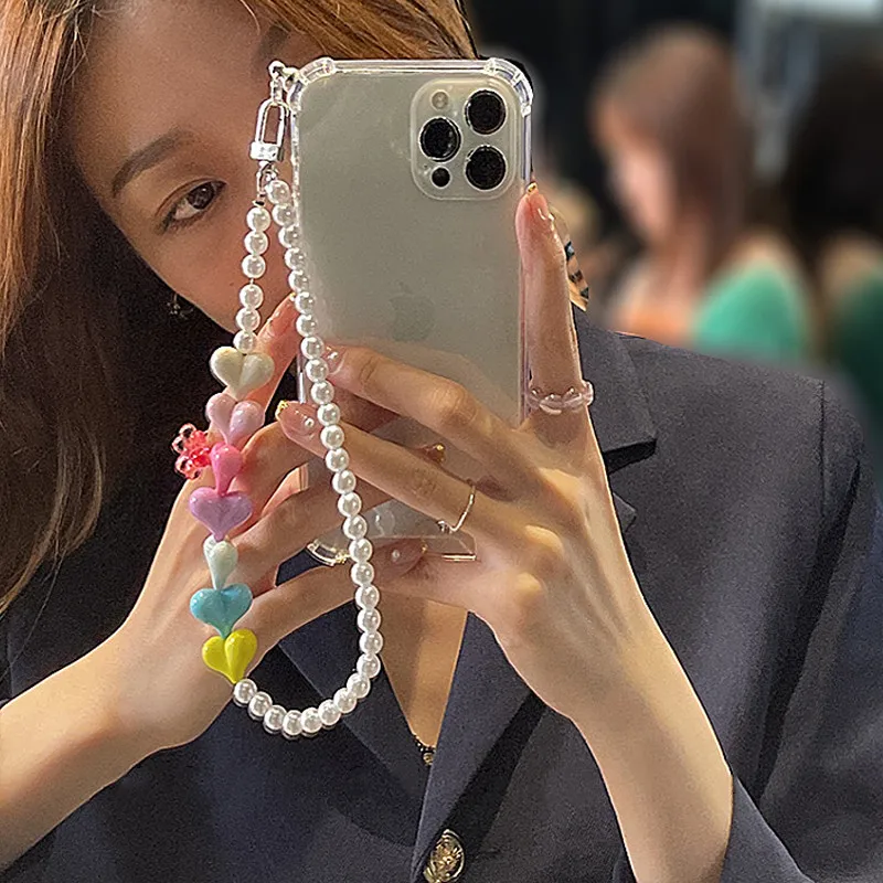 Korea Candy Pearl Heart Wrist Band Chian Phone Case For Goolgle Pixel 6 7 6Pro 5 5A 6A Pixel 4a 4 3 2 4XL 3A 3XL XL Cover