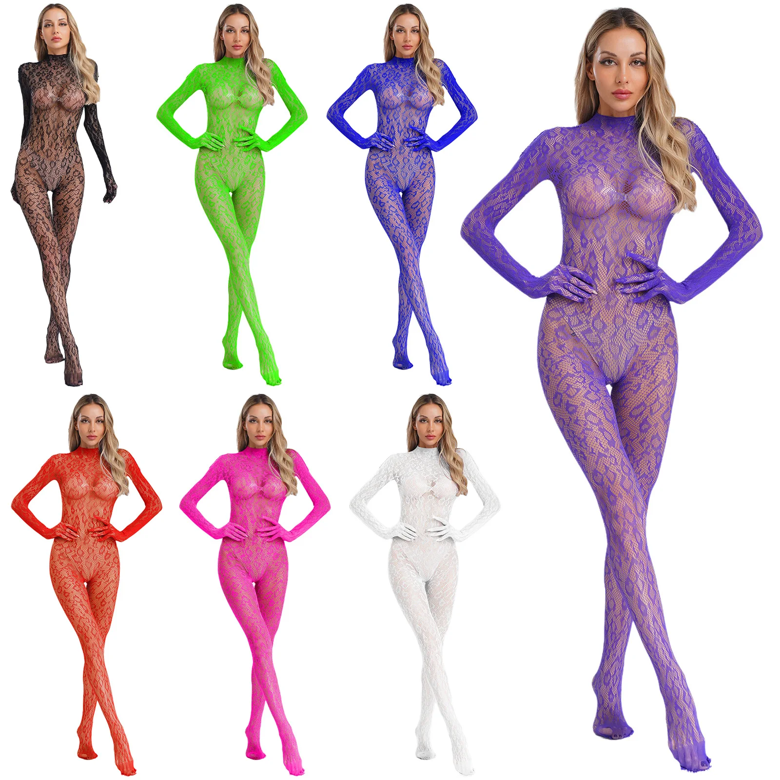 

Womens Sexy Fishnet Bodysuit See Through Hollow Out Long Sleeve Backless Bodystockings Sheer Mesh Full Body Unitard Nightwear