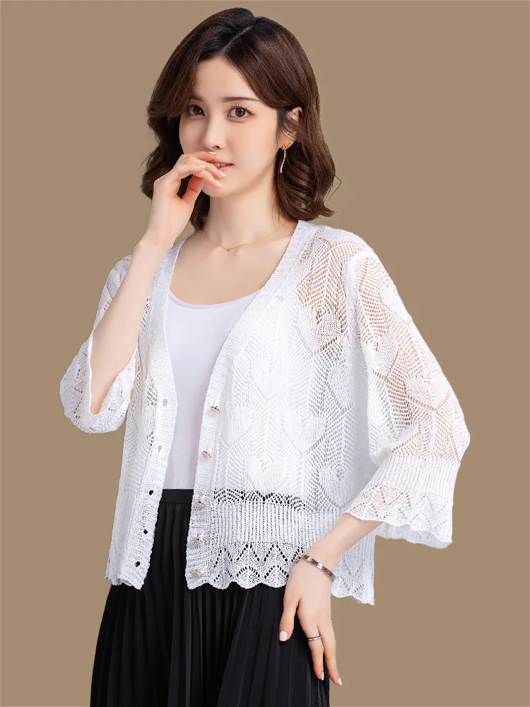 High Quality Ice Silk Hollowed Out Knitted Cardigan for Women's Summer with Quarter Sleeves Paired with A Suspender Skirt Top