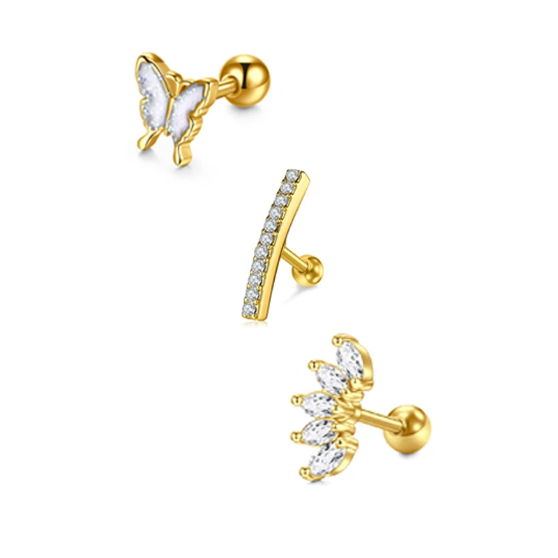 3Pcs 16G Heart Flower Tragus Helix Stainless Steel Labret Lip Bar Rings Stud Cartilage Piercing Ear Studs Cross Jewelry 1.2x6mm