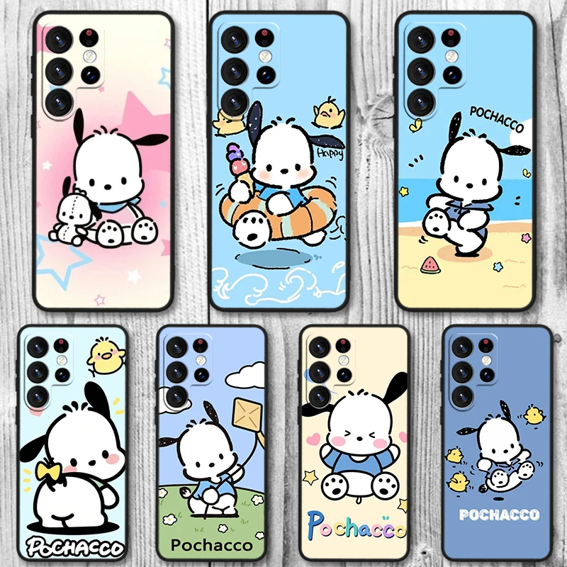 Cartoon Cute Pochacco Comic For Samsung Galaxy S24 S23 S22 S21 S20 FE S10 Ultra Plus Shockproof Soft TPU Black Phone Case