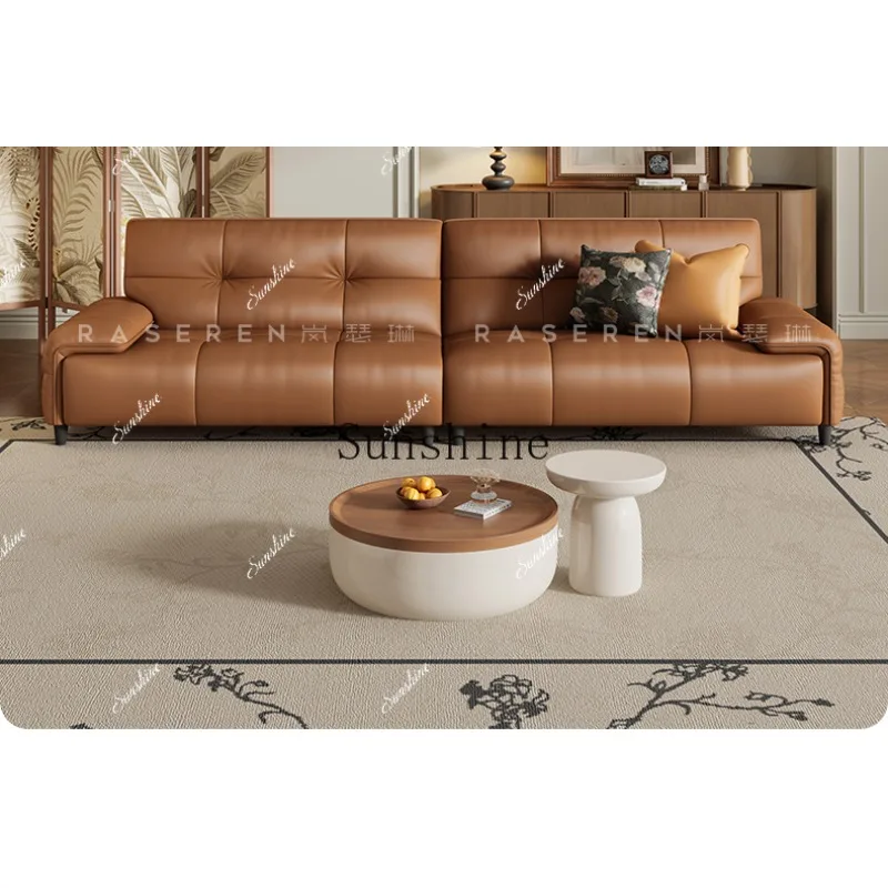 

Retro leather sofa Italian minimalist, small apartment living room straight row caramel colorP
