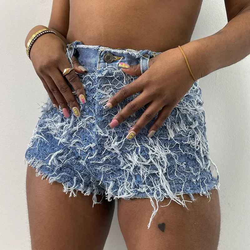 

2023 Summer Tassel Denim Shorts Women High Waist Button Fly Slim Hipster Jeans Streetwear Vacation Sexy Y2K Wild Chic Bottoms