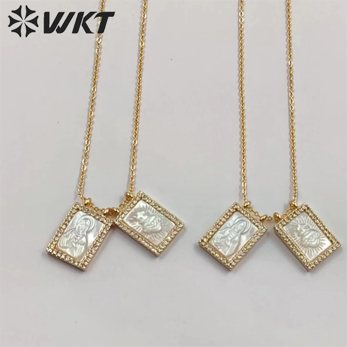 WT-JN220 Super Hot Fashion Double Charms Micropave CZ Setting Mother Of Pearl Shell Necklace 18k Gold Religion Maria Jewelry