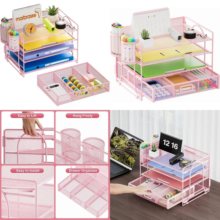 

4-уровневые аксессуары для напитков для бумаги, лотков для писем, настольные органайзеры для рабочего пространства с выдвижным ящиком и 2 держателями для ручек для школы, домашнего офиса