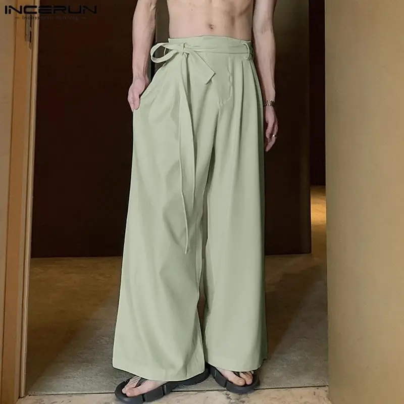 INCERUN Men Pants Solid Color Button Joggers Loose Casual Wide Leg Straight Trousers Men With Belt Streetwear 2024 Lace Up Pants
