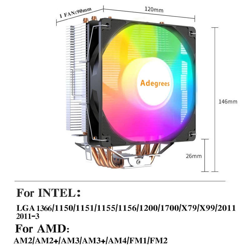 X99 Tower CPU Cooler 4 Heatpipes 120MM RGB PC Silent Cooling Fan for Intel LGA 1366 115X 1700 2011 AMD AM5 AM4 AM3 Ventilador