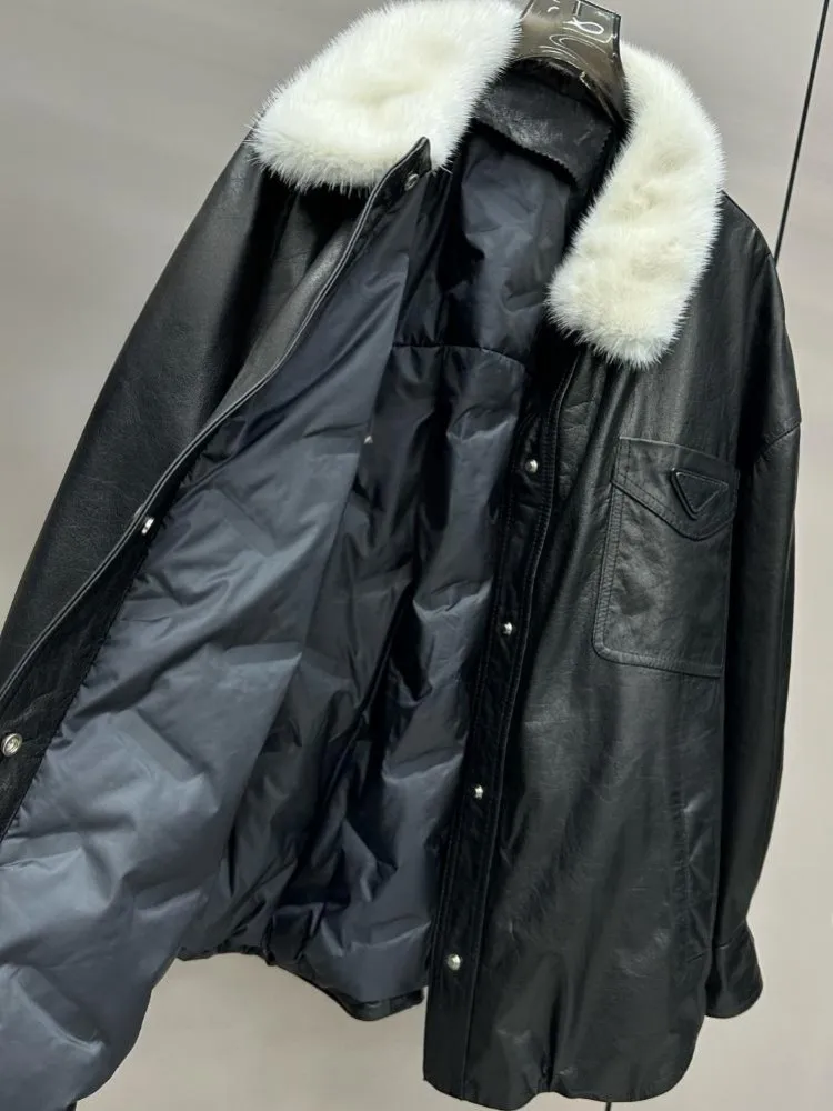 Giacca da donna in vera pelle monopetto con collo in pelliccia tinta unita da ufficio, tasca in pelle di vacchetta allentata, maniche lunghe, capispalla fatti a mano