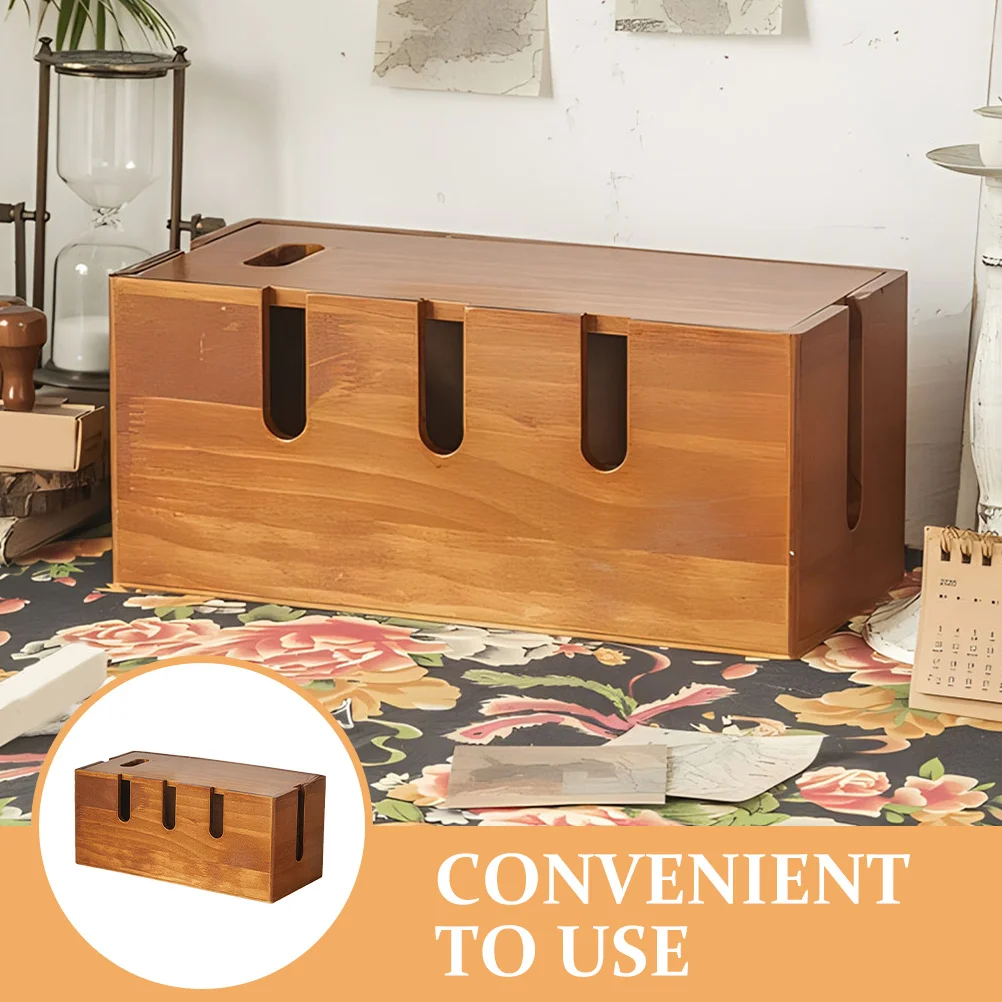 Solid Wood Cable Organizer Box Desktop Cord Management Storage For Chargers Power Strip Wire Hider Large Cord Organizer Box