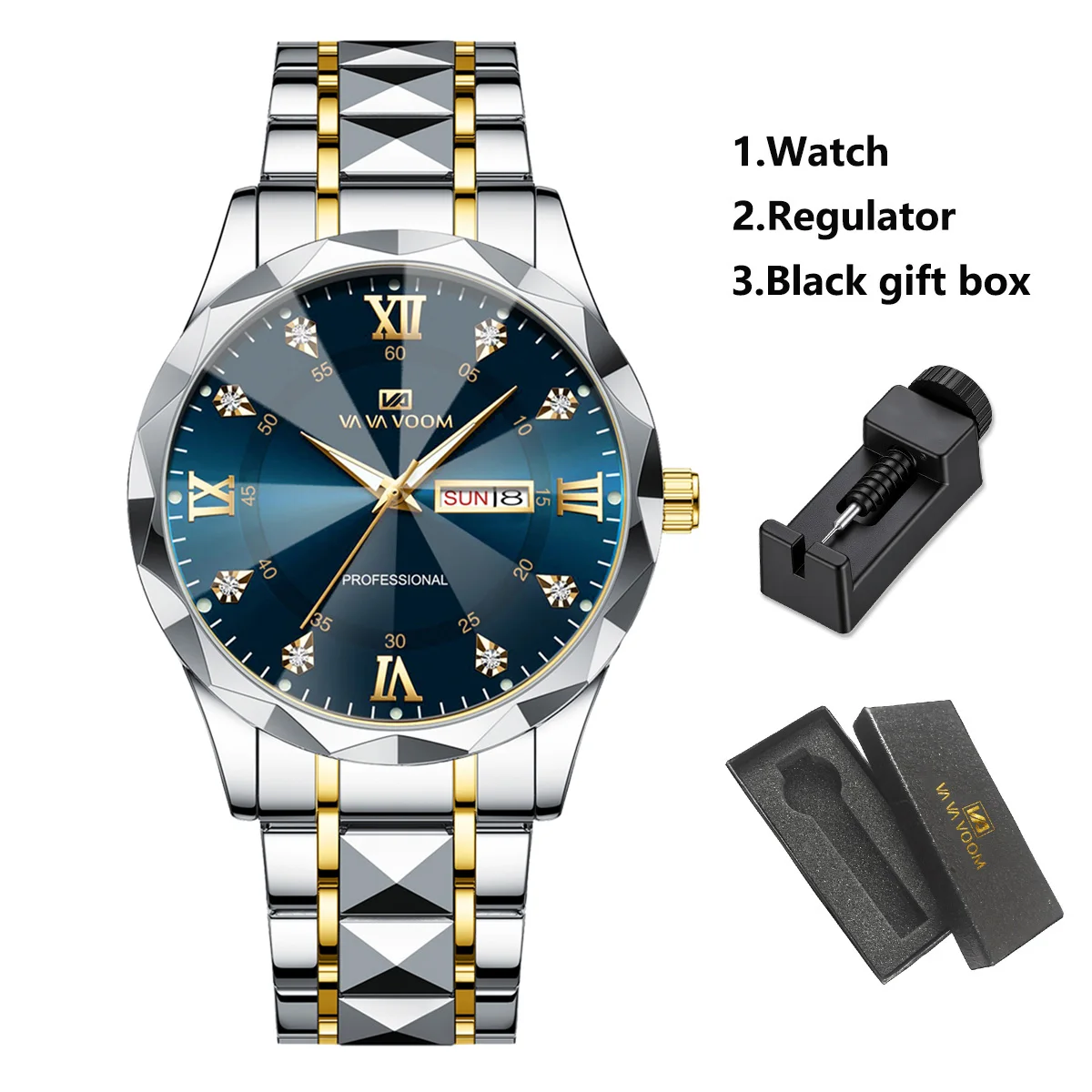 

1 Set Mens Watches Local Shipping Luxury style 41mm Blue Dial Rhinestone Scale Calendar & Week Quartz Movement Men's Clock Stainless Steel Gradient Gold Strap Business Watch Men