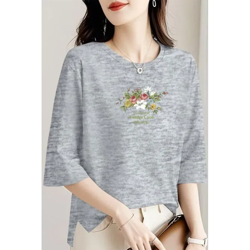 

Women 100% Cotton Floral Print 3/4 Sleeve T-shirt Loose Casual Summer Top