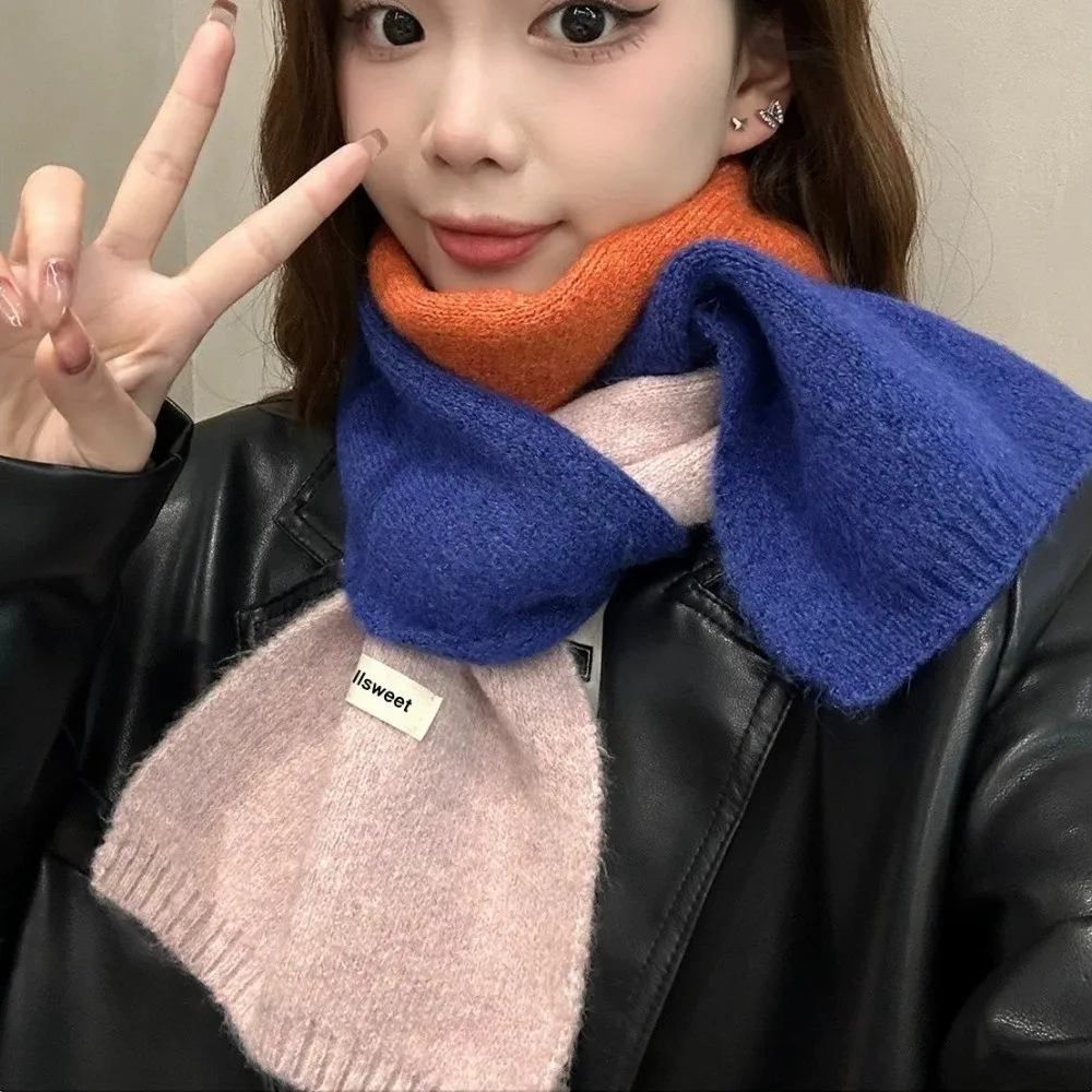 Contrast-Color Knitted Scarf Patchwork Design Warm Material Neck Warmer Fall Winter Weight Versatile Styling Yarn Scarf