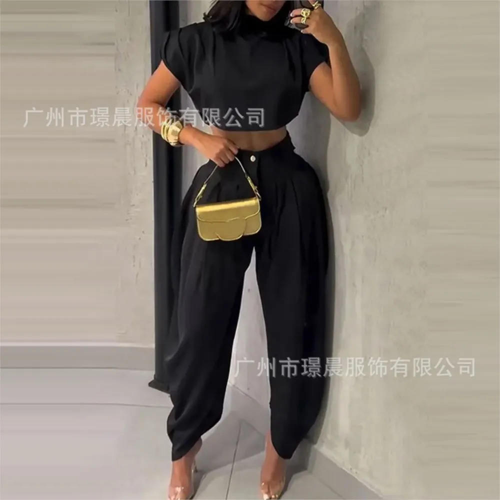 Women's Sexy Ultra-short Top And Trousers 2 Piece Set Summer Fashion High-waisted Lantern Trousers Female Streetwear Set 2025