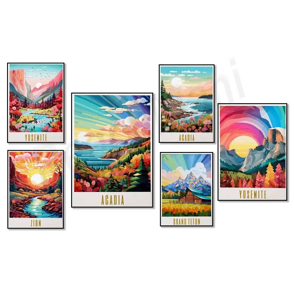 Yellowstone, Zion, Yosemite, Acadia, Grand Teton National Park poster landscape vibrant artwork hiker present,