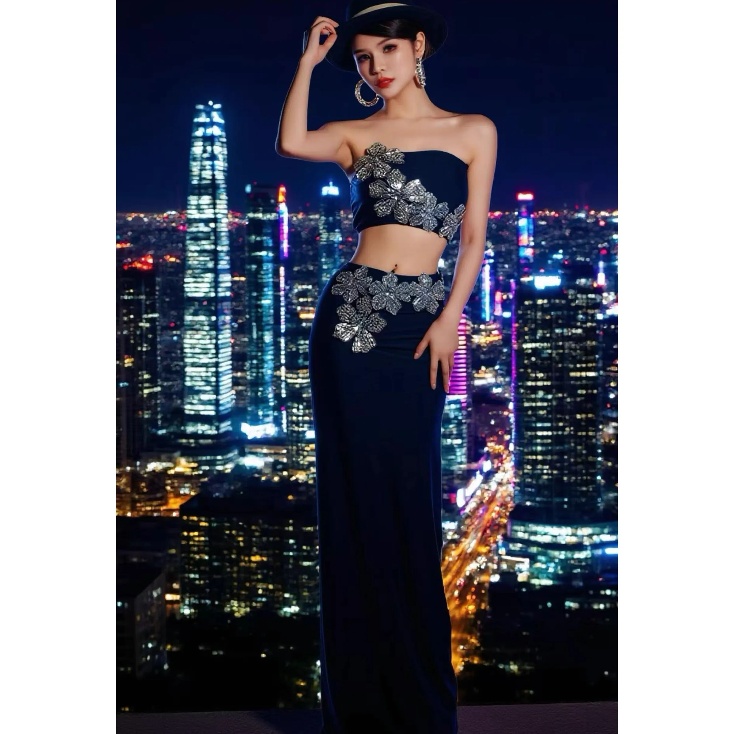 2025 novo vestido de festa sexy diamante preto split vestido boate bar dj trajes desempenho gogo dançarino cantor palco wear dn21886