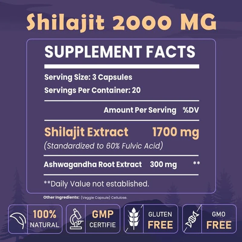 El suplemento Shilajit Natural contiene más de 85 minerales traza y 60% de ácido fulvic, mejora la energía y la inmunidad. 60 cápsulas