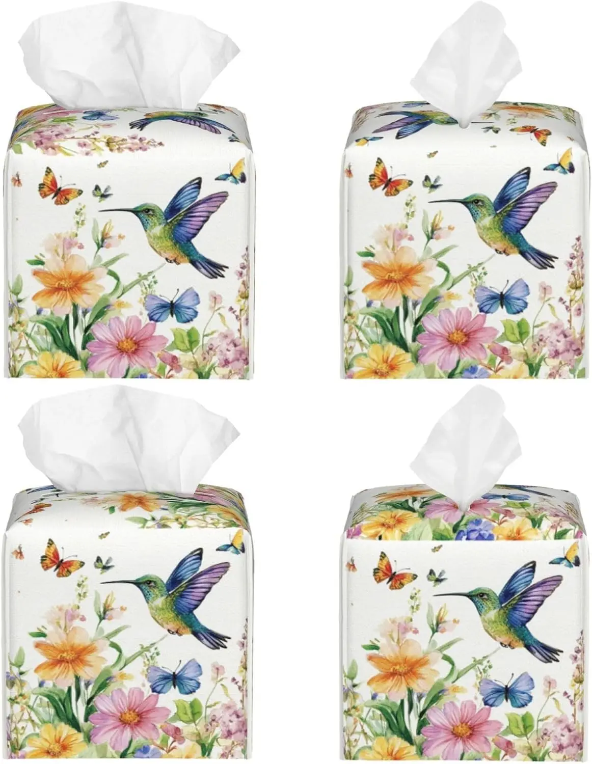 Spring Floral Hummingbird Tissue Box Cover Wild Flowers Florals Butterfly Square Leather Tissue Holder Decorative Facial Tissue