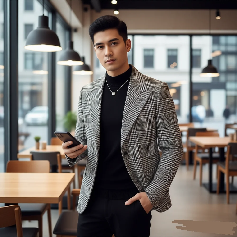 

Slim Fit Houndstooth Blazer for Men Business Style Checkered Jacket Peak Lapel Single-Breasted Casual Suit Outerwear