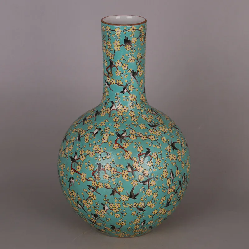 Chinese Qing Qianlong Famille Rose Magpie Plum Blossom Green Ground Globular Vase Imperial Style Reproduction Home Decor
