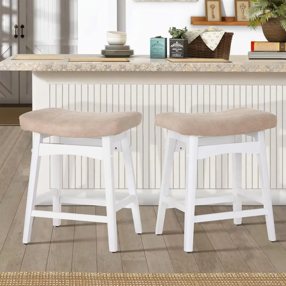 

Pair of 24 Inch Solid Wood Saddle Barstools with Beige PU Leather Cushions for Kitchen and Dining Areas
