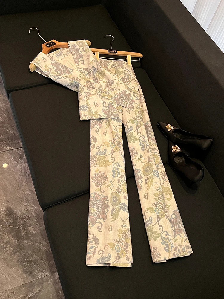 

Autumn Winter Women's Floral Print Silk Linen Vest High Waist Wide Leg Pants Two Piece Set Commute Sle Lightweight Faion Set