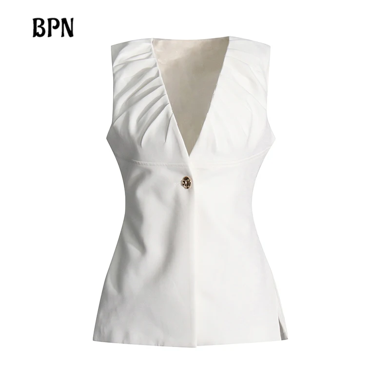 

BPN Solid Minimalist Two Piece Sets For Women V Neck Sleeveless Vests High Waist Loose Shorts Casual Set Female Fashion Style