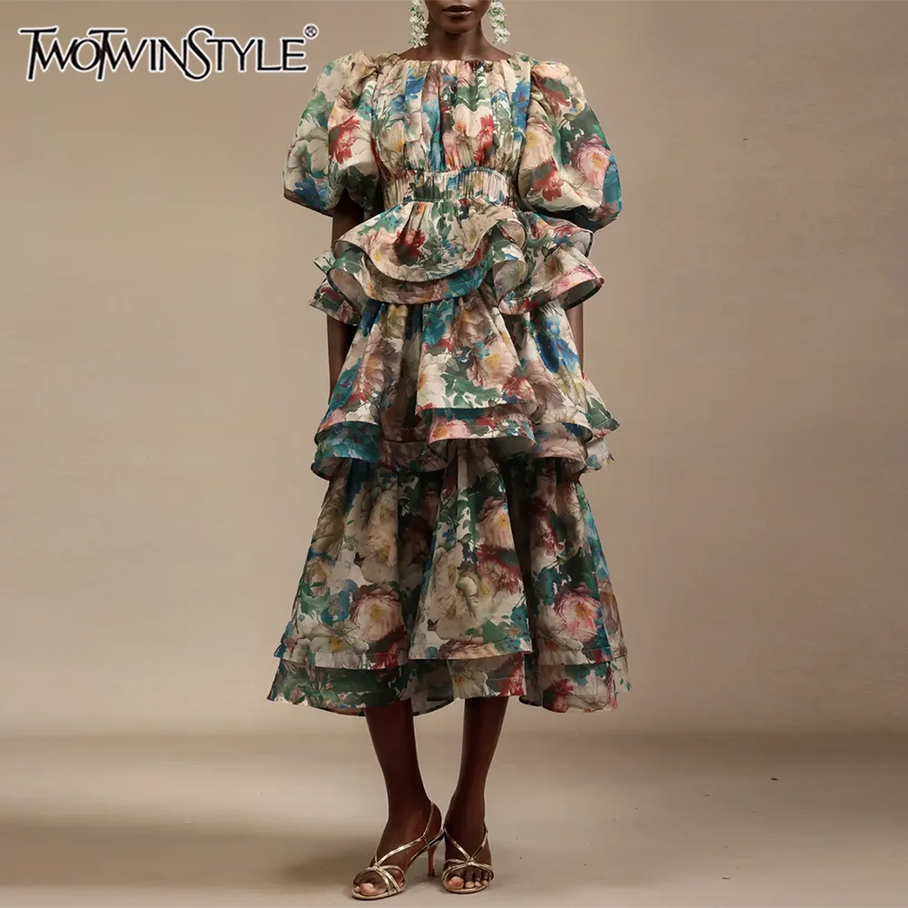 

TWOTWINSTYLE Vintage Hit Color Midi Dress for Women Round Neck Puff Sleeve High Waist Print Dresses Female Fashion New Style