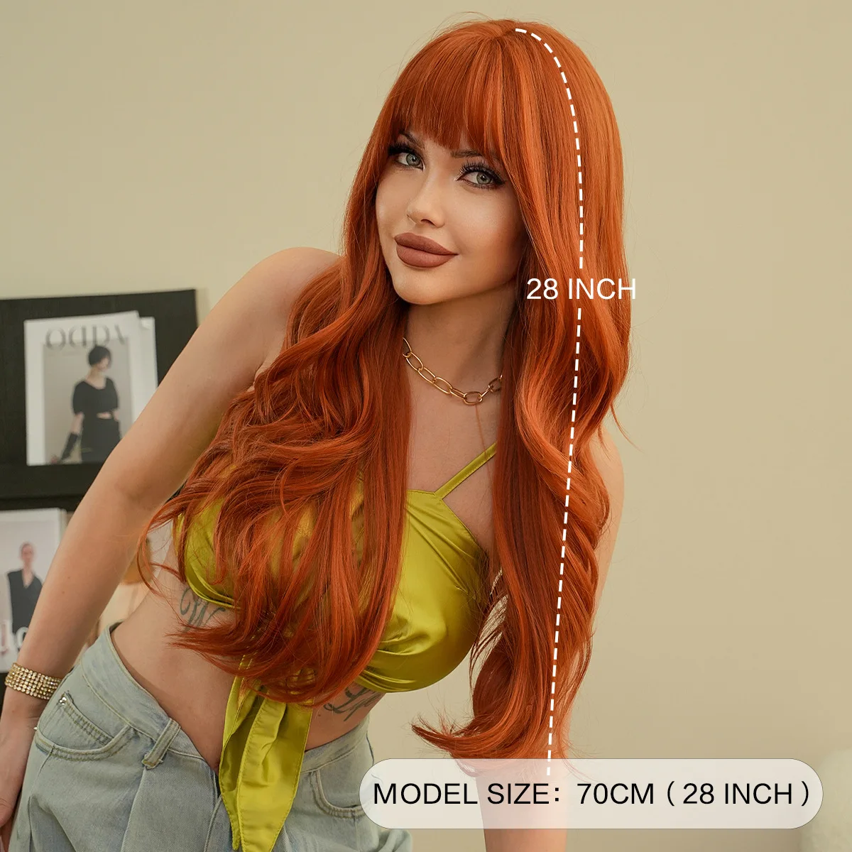 New fashion orange synthetic wig with fringe long curly hair festival daily wig high temperature silk full head cover image 5