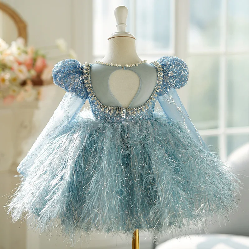 luxury Girls Princess Pearl sequins blue Children pearl tutu Wedding Gown new year Kids Dresses baby infant Birthday Party Dress