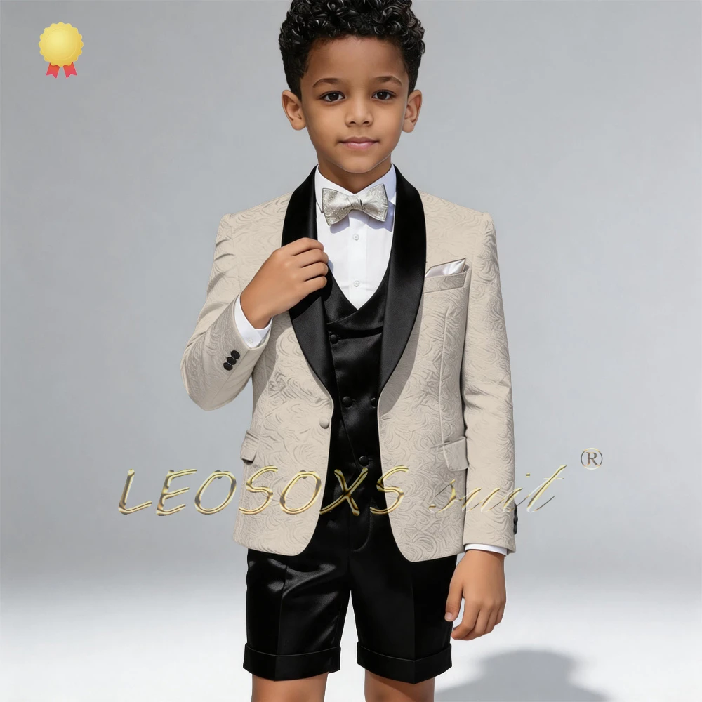 

Boys' 3-Piece Contrast Shawl Lapel Tuxedo, Jacquard Blazer, Waistcoat & Cuffed Shorts for Wedding Ring Bearers & Page Boys