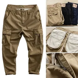 Spring Autumn Vintage Fashion Straight Cotton Cargo Pants For Man Button Zipper Loose Casual Solid Color Trousers Men's Clothing