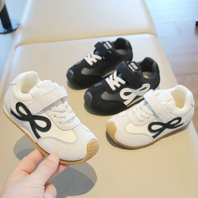 New Boy Girl Spring Autumn Soft-soled Sneakers Bow Print School Children Kids Non-slip Casual Dad Shoes Little White Shoes Baby