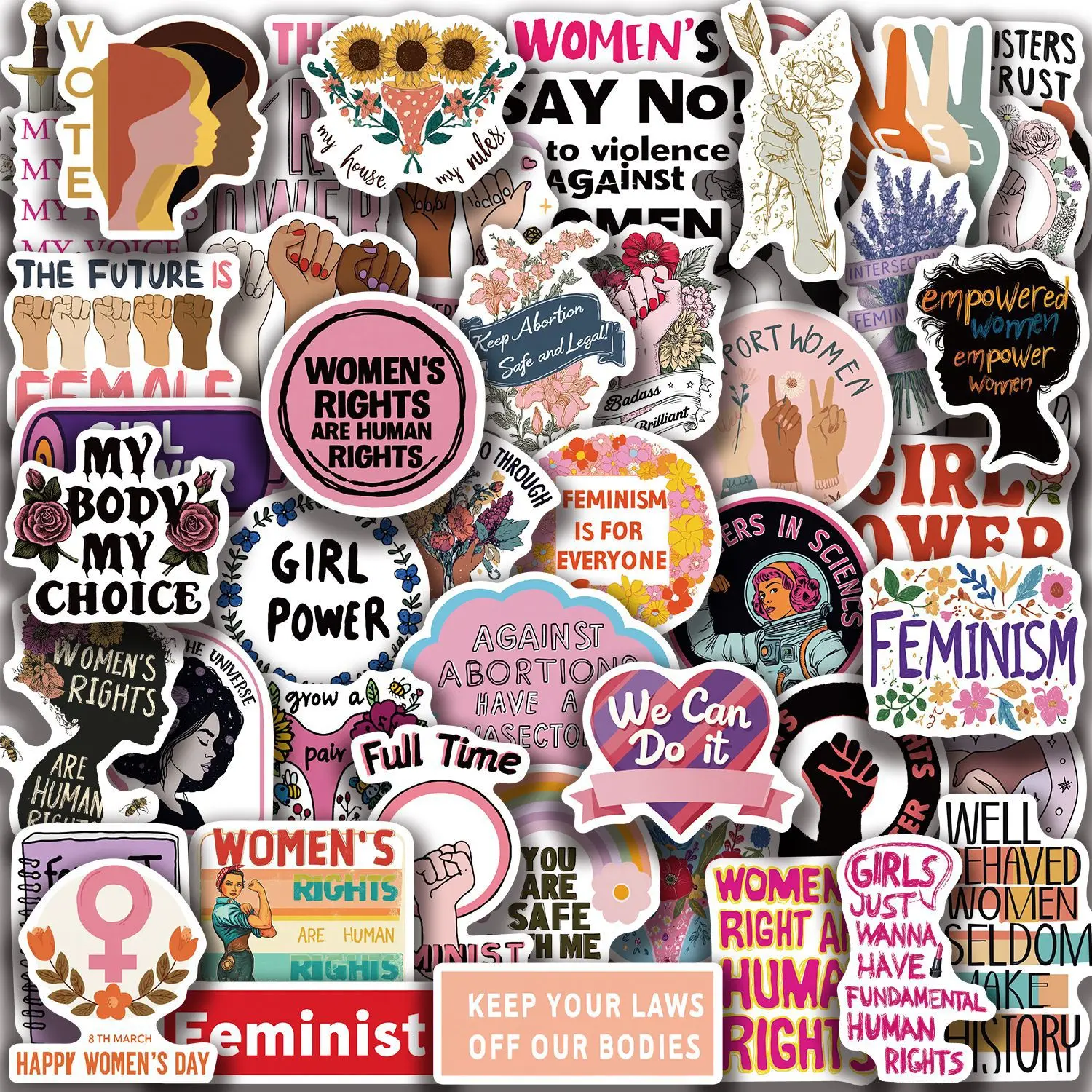 50 PCS Cute Cartoon Pink Feminist Stickers for Luggage, Notebook, Water Bottle, Laptop, Phone Case, Journal Decoration