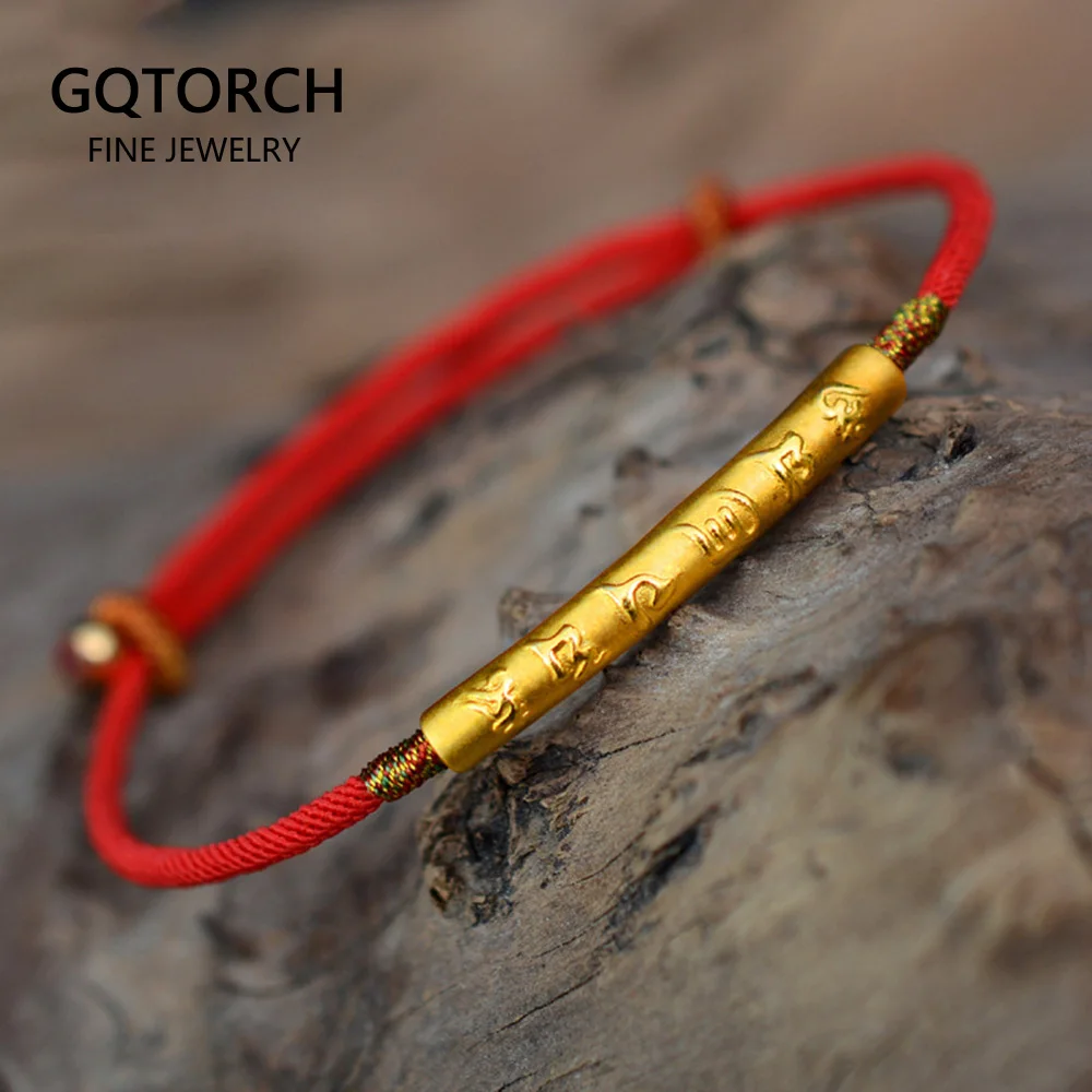 999 Sterling Silver Gold Color Handmade Thin Red String Bracelet For Women Six Words Engraved Mantra Prayer Buddhism Jewelry