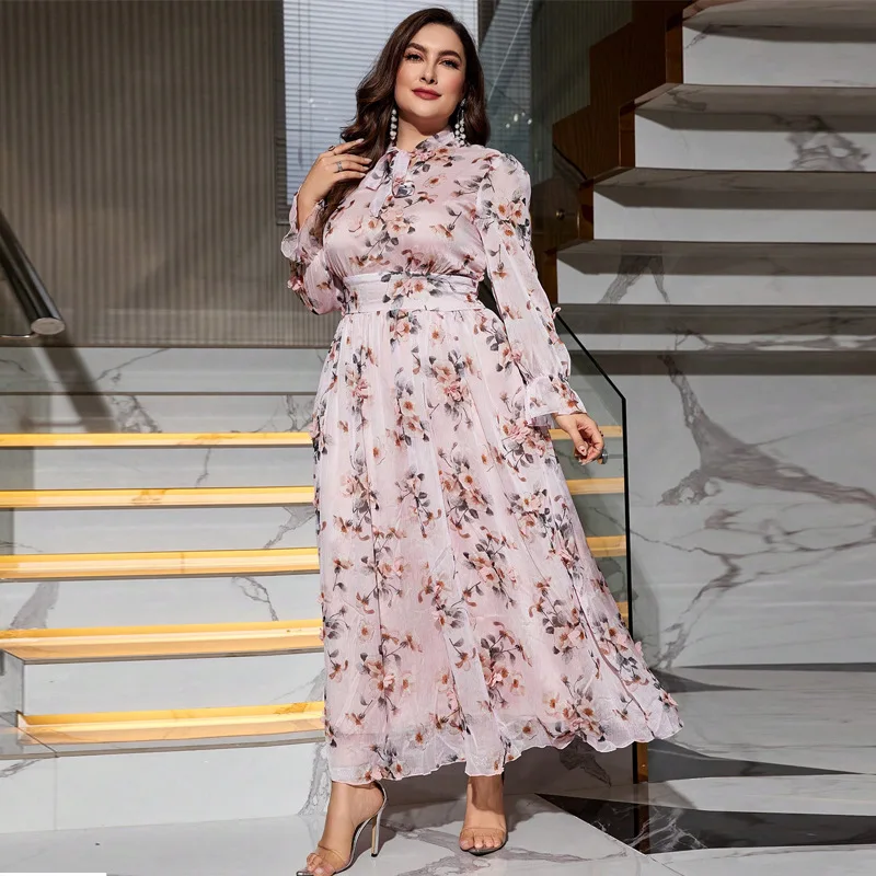 Plus Size Wedding Bridesmaid Dresses Chic Elegant Printed Long Sleeve Evening Dress Large Lady Temperament Fashion Party Dresses