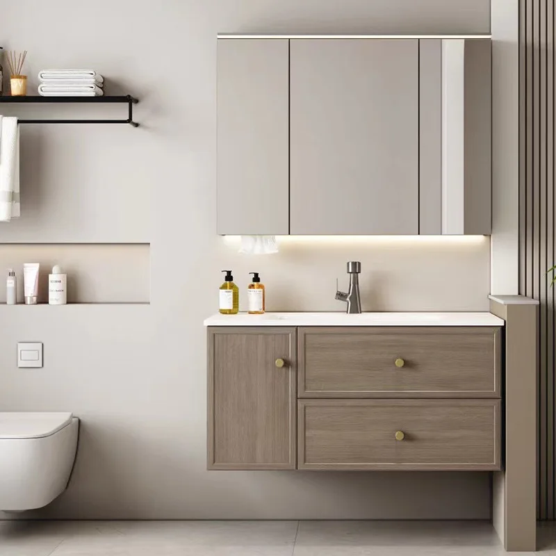 New Chinese bathroom combination cabinet ceramic integrated basin walnut wash basin feng shui mirror