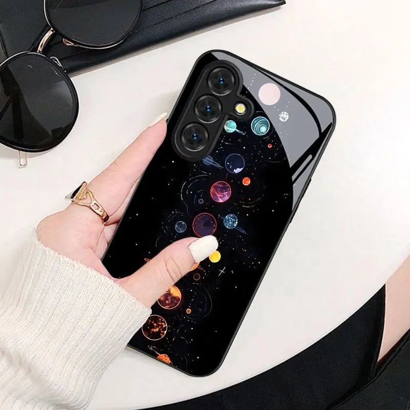 Space planet pattern glass phone case suitable for Samsung Galaxy S26 S25 S24 S23 S22 S20 FE/Ultra/Plus anti drop back cover