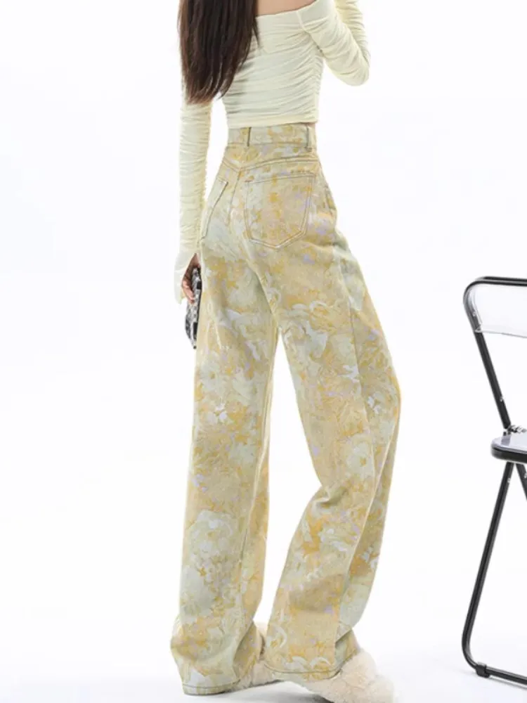 2024 Tie-dye Printed Yellow Jeans Women High Waist Loose Wide Leg Denim Pants Spring Trousers Jean Pantalones P101