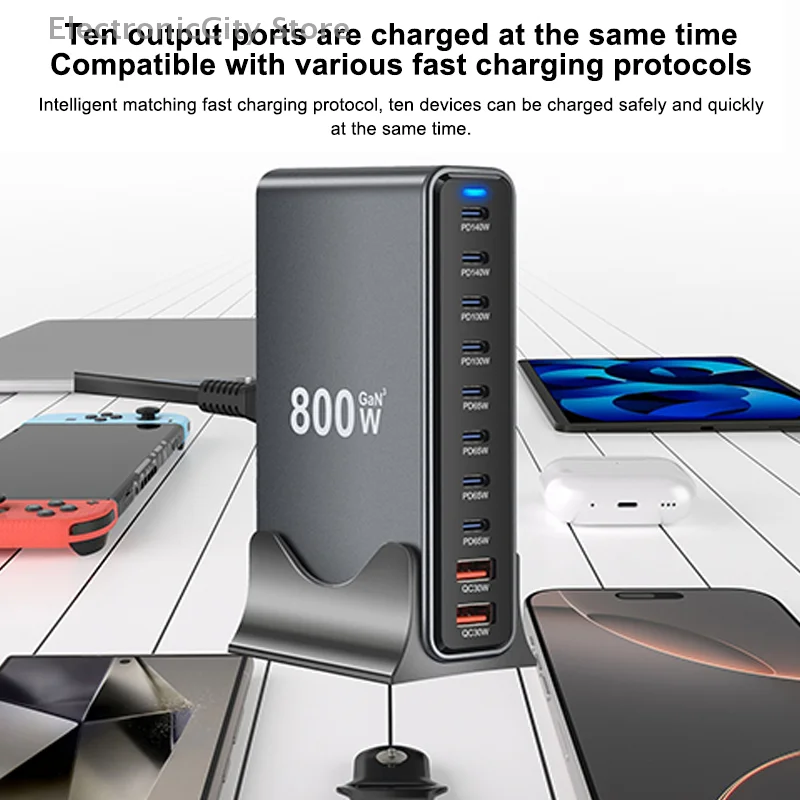 

Universal GaN 800W Desktop Fast Charger: 10 Port USB C Hub for Charging Laptop, Macbook, Phone, Tablet.
