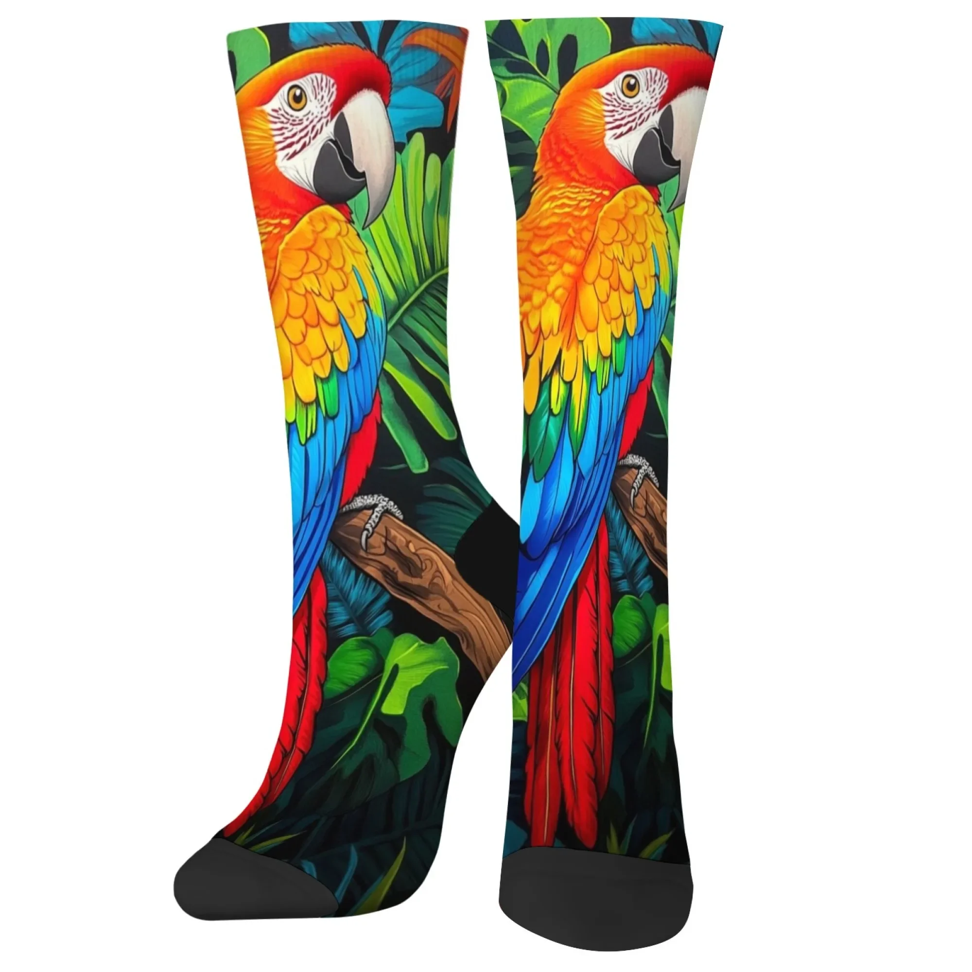 A pair of colorful macaw men's socks tropical rainforest style retro fashion socks soft breathable sports outdoor travel unisex