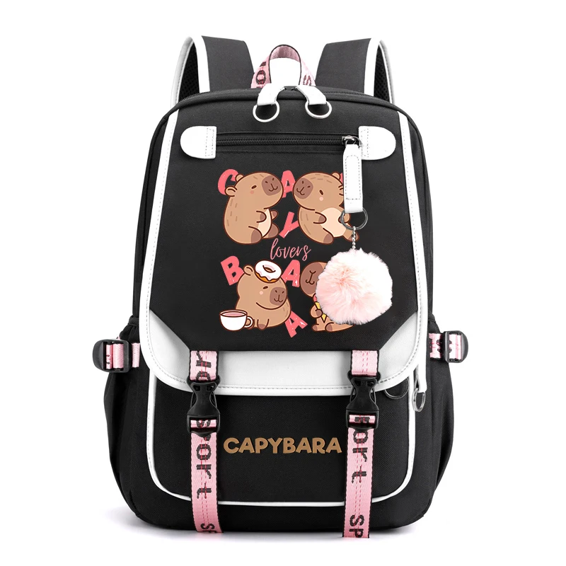 Cute Animal Capybara Printed Student Schoolbag Girls Black Backpack USB Travel Bag