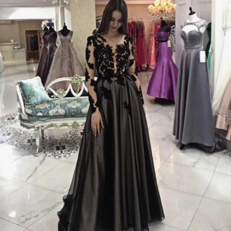

Black Long Sleeve Evening Dresses 2023 A-Line Sheer O-Neck Appliques Floor Length Women Party Gowns Charming Elegant