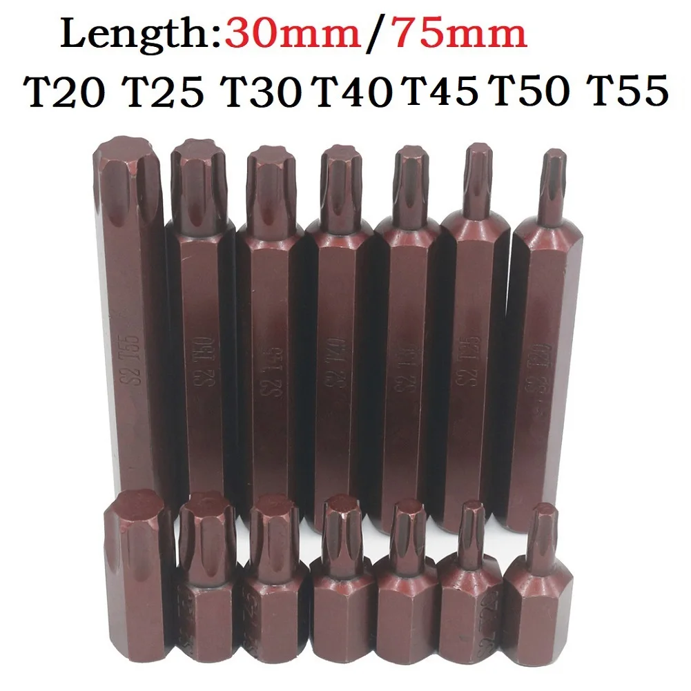 1PC Torx Star Screwdriver Bits 30mm/75mm Hex Shank T20/T25/T30/T40/T45/T50/T55 Impact Driver Magnetic Anti Slip Electric Hex